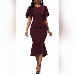 NWOT Yajedo Ruffle Short Sleeve Fishtail Peplum Midi Dress, XXL